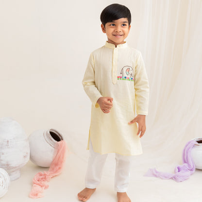 Hand Embroidered Yellow Kurta paired with Pajama Pants - Elephant