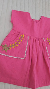 Embroidered Hot Pink Pocket Dress - Yellow Flowers