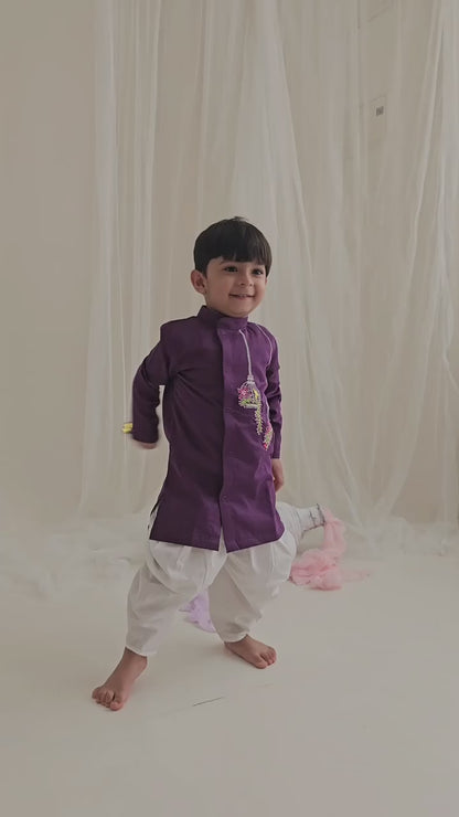 Embroidered Purple Kurta paired with Dhoti Pants - Birdcage Garden