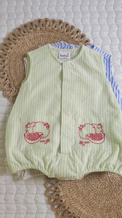 Green and White Striped Embroidered Romper with Pockets - Pomegranates