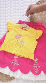 Girls Embroidered Yellow and Hot Pink Choli Lehenga Set - Lotus Pond