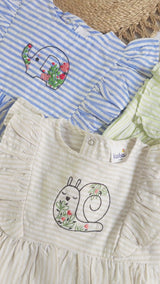 Baby Girl Embroidered Blue and White Romper with Ruffles - Elephant in the Bloom
