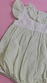Baby Girl Green and White Romper with Flutter Sleeves