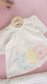 Textured Puff Sleeve Embroidered Dress - Flowers