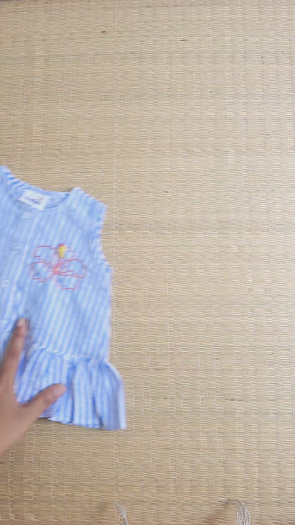Blue and White Stirped Embroidered Coord Set - Hibiscus