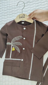 Boys Embroidered Choco Brown Kurta and Pajama Pants Set - Plantain
