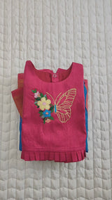 Girls Handloom Raw Silk Embroidered Pink and Royal Blue Choli Lehenga Set - Butterfly