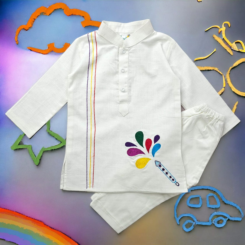 Baby Boy Embroidered White Kurta paired with Pajama Pants - Holi Pichkari
