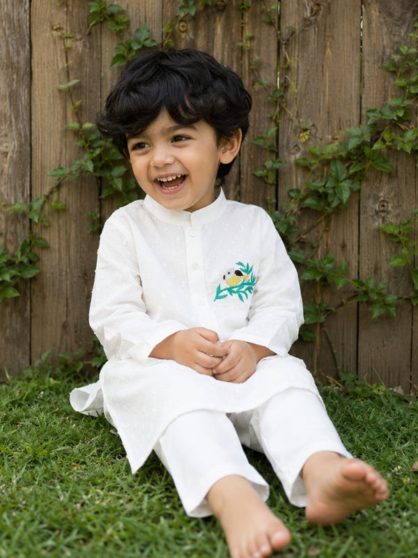 Boys Embroidered White Kurta paired with Pajama Pants - Birdsong