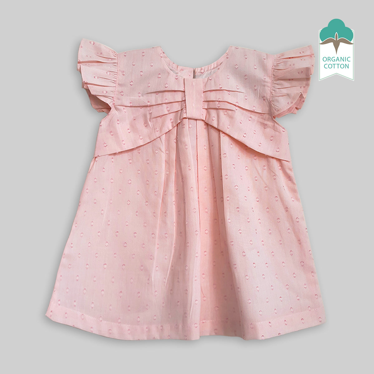 Keebee Organic Cotton Putta Ruffle Sleeve Girls Bow Dress - Peach