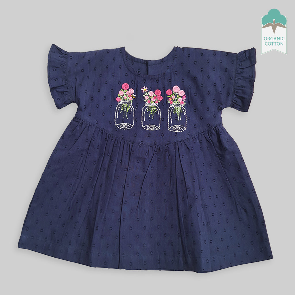 Organic Cotton Embroidered Baby Girl Navy Blue Dress Flower Pots