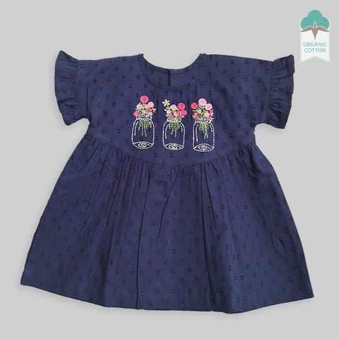 Organic Cotton Embroidered Baby Girl Navy Blue Dress - Flower Pots