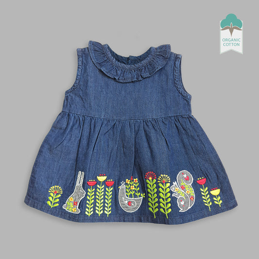 Keebee Organic Cotton Denim Embroidered Girls Dress