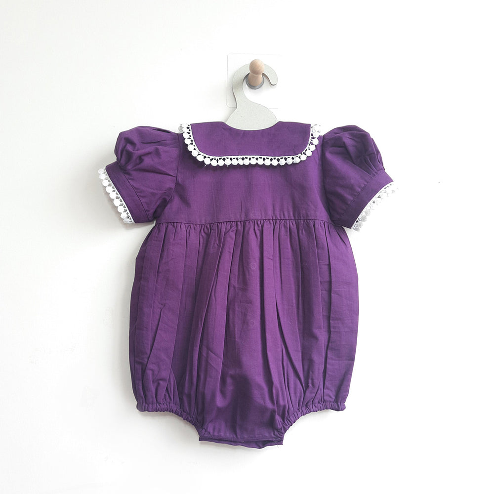 Puff Sleeve Purple Lace Romper - Pine Trees
