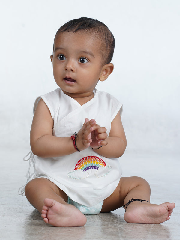 Sleeveless Hand Embroidered White Jabla - Rainbow