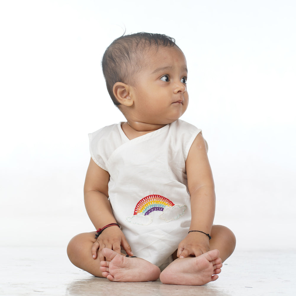 Sleeveless Hand Embroidered White Jabla - Rainbow