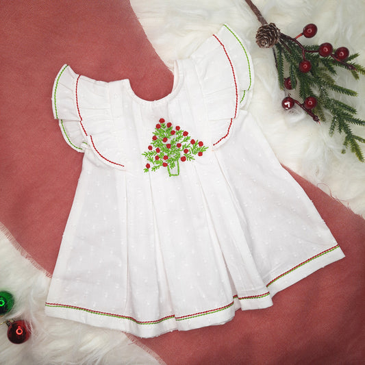 Organic Cotton Embroidered Girls Dress - Xmas Tree