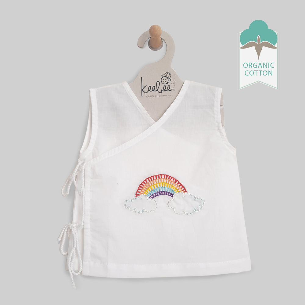 Sleeveless Hand Embroidered White Jabla - Rainbow