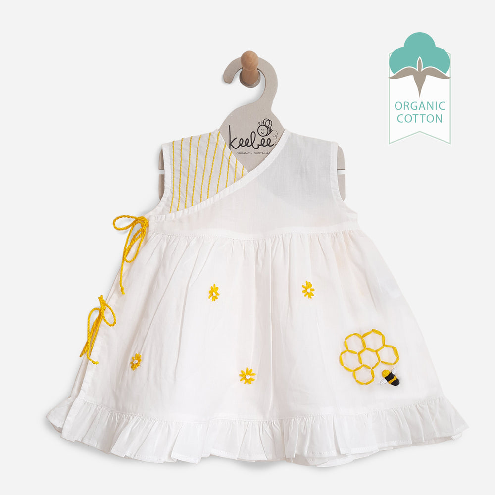 White Hand Embroidered Wrap Dress - Honeycomb