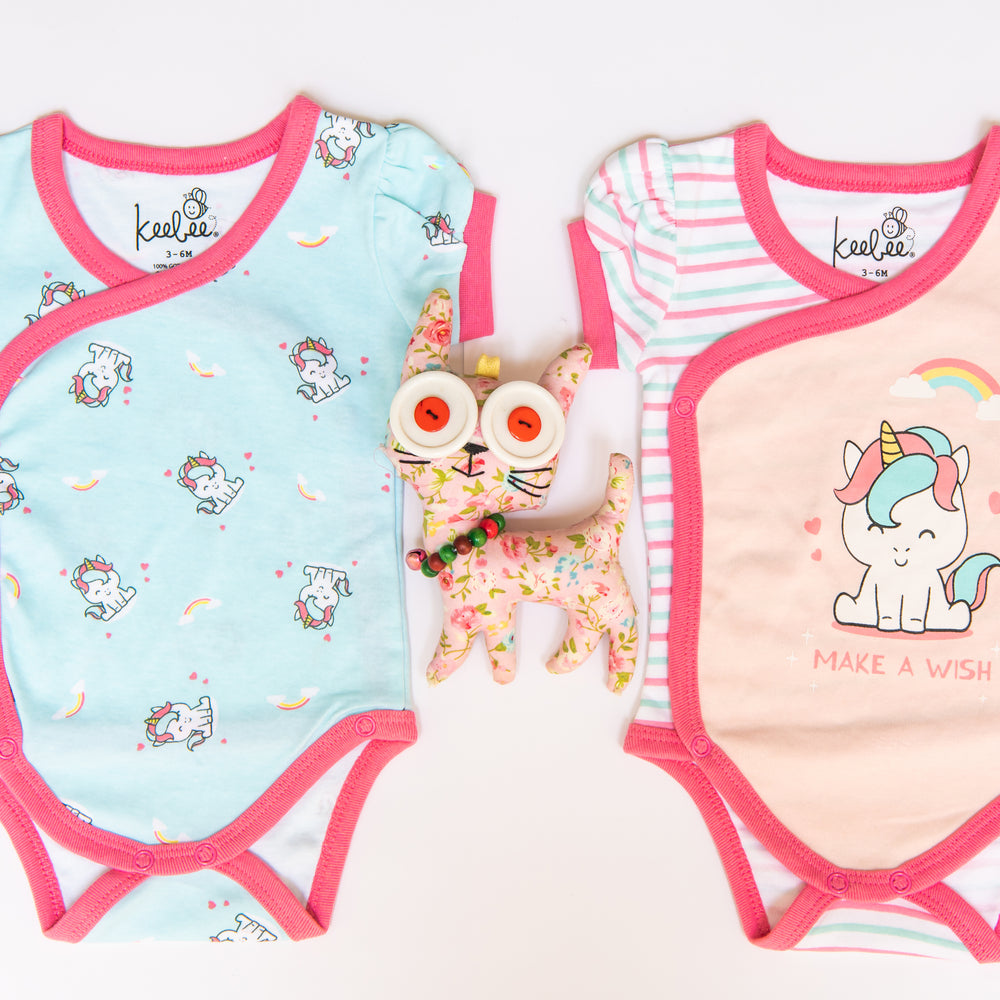 Puff Sleeve Kimono Onesie Romper - Unicorn Set of 2