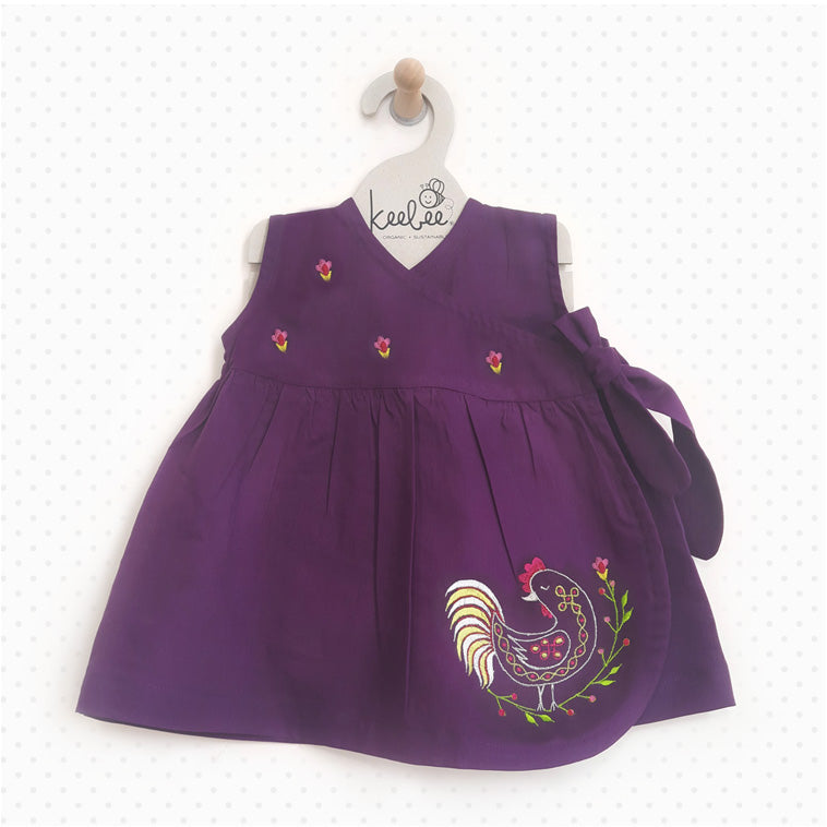 Keebee Organic Cotton Embroidered Purple Girls Jabla/Wrap Dress - Rooster
