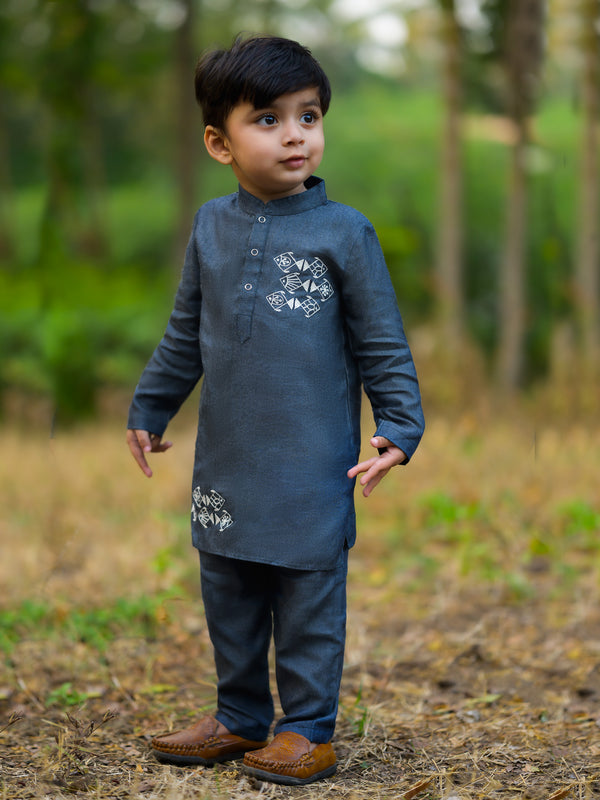 Baby Boy Tencel Embroidered Kurta paired with Pajama Pants - Fishes